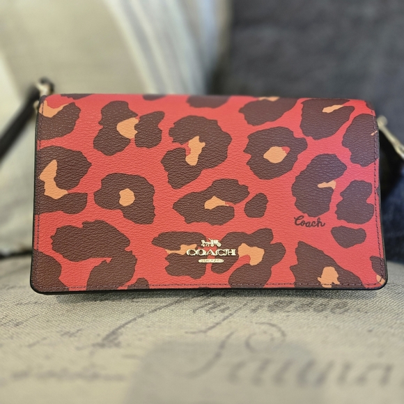 Coach Anna Foldover Crossbody Clutch in the Bright Poppy Red Leopard Print - Picture 16 of 16